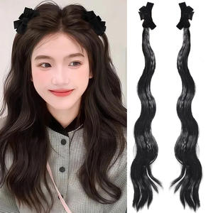 Perruque double queue de cheval avec pince à cheveux nœud, extension de cheveux longs et raides noirs pour <span class=keywords><strong>coiffure</strong></span> princesse mi-attachée - Product Image 5