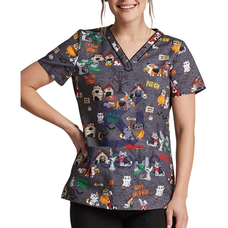 Womens Scrub Medisch Uniform Scrubs Verpleging Tops Broek Fabriek Groothandel Zachte Stof Uniformen Pakken Scrubs Cartoon Print Patroon