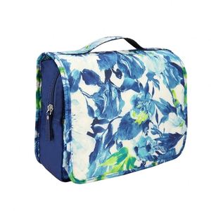 Sac de toilette de voyage pliable à grande capacité pour femmes, avec fermeture éclair, motif floral bleu, design personnalisé, avec crochet de suspension - Product Image 2