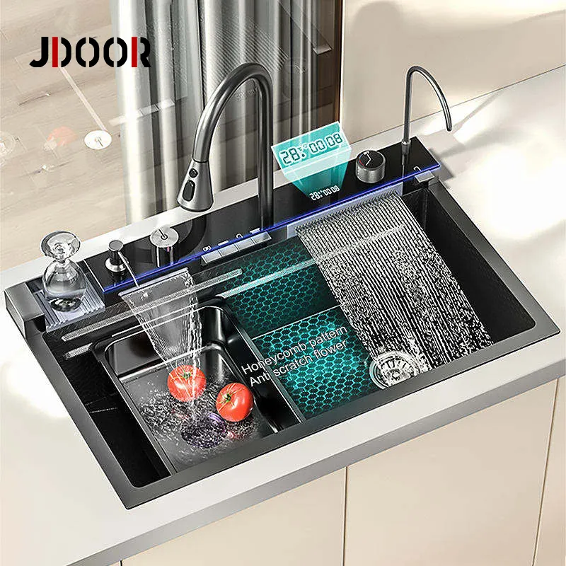 JDOOR Popular Large Single Slot Multifunction Sink Anti-Scratch LED Digital Display Waterfall Kitchen Sink With Cup Washer