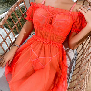 性感透明网纱睡衣内衣套装 3 件套 刺绣钢托文胸内裤 露肩荷叶边短袖睡裙 - Product Image 4