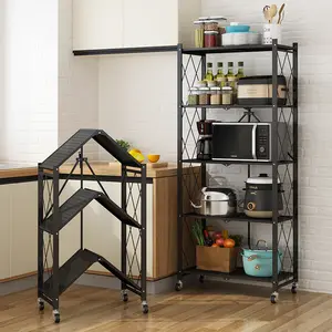 Collapsible/Foldable Heavy Duty Shelving Unit, Steel Organizer Wire Rack with Wheels, Rolling Cart, Home Kitchen Storage