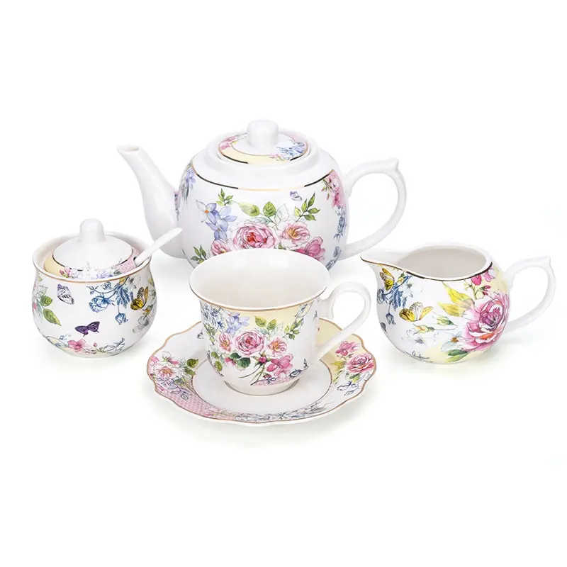 Europäische Vintage Blumen tee Set Keramik neue Bone China Kaffee Teesets mit Zucker topf Milch kännchen