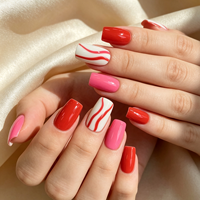 Prêt à expédier – 24 faux ongles rouges et roses à presser, courts, carrés, motifs abstraits en spirale, réutilisables, vente en gros