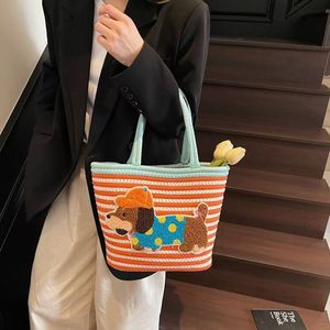 Striped Tote Bag Blue White Dachshund Cartoon Design Soft Handle Everyday Use - Product Image 3