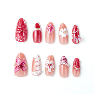 Juego de 30 <span class=keywords><strong>Uñas</strong></span> Postizas Hechas a Mano <span class=keywords><strong>con</strong></span> Diseño de <span class=keywords><strong>Flores</strong></span> 3D en ABS, <span class=keywords><strong>con</strong></span> Degradado <span class=keywords><strong>Rosa</strong></span> y Perla, Forma Almendrada Larga, Reutilizables - Product Image 4