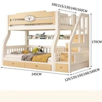 Lit superposé double en bois massif pour chambre d'enfant avec escalier et rangement