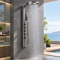 Système de douche mural numérique en acier inoxydable brossé avec cascade, barre coulissante, jets de pluie doux et modes de massage intelligents