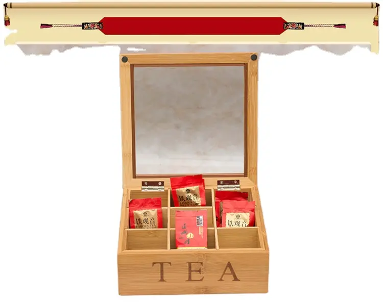Boîte à thé carré multifonctionnel en bois massif bambou neuf treillis famille stockage théière sachet de thé boîte-cadeau division chinoise