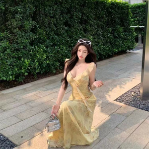 Yellow Floral Print Sundress Sweetheart Neck Long Dress Tight Waist Slimming Holiday Celebration Leisure Wear - Product Image 2