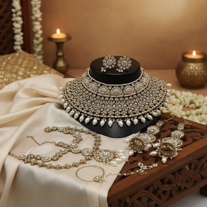 Vintage <b>Gold</b> Plated Bridal Kundan Necklace <b>Set</b> with Pearl Drops Zircon Earrings Maang Tikka & Hathphool Wedding Party Jewelry - Product Image 3