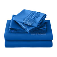 Ensemble de draps en microfibre de taille standard, 1800 fils, doux, sans plis, 6 pièces, couleur bleue avec broderie en dentelle pour hôtel