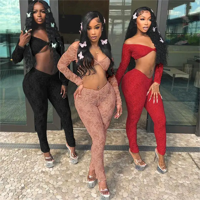 Bomblook D24ST153 Sexy Outfits Lace Tube Top With Drop Waist Pants Party See Through 2 Piece Set For Women Set Athletic Wear