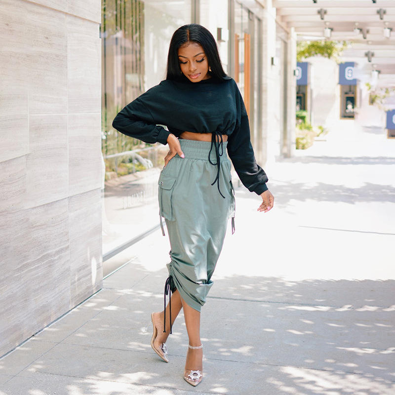 Cargo Skirts Grey Jersey Skirt Midi Fashion Drawstring Work Skirt