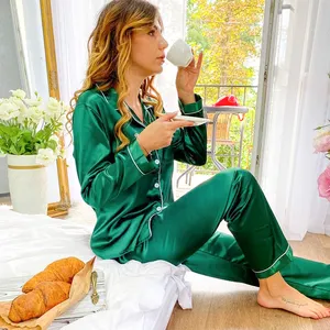 2023 Women's Sleepwear Solid Cozy piyama Women 2 Pieces Satin Pajamas Set Ladies long sleeve pajama set