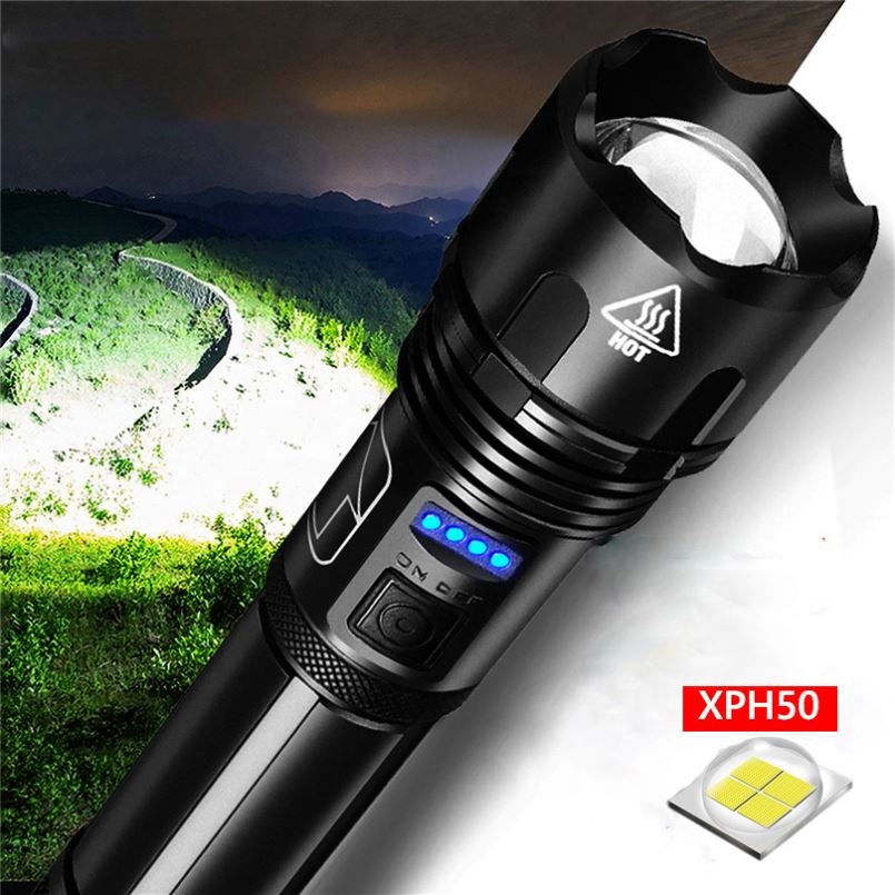 Linterna Led táctica de gran potencia Xhp50, lámpara impermeable recargable por Usb, ultrabrillante para acampar al aire libre