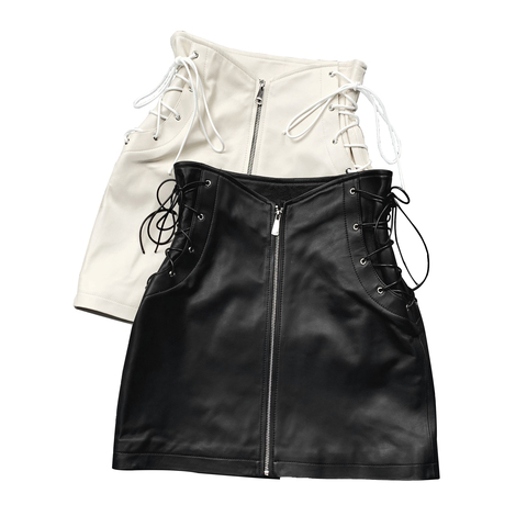 1349 Fashion High Waist Sexy Black Female Short Skirt for Party Girl Mini Genuine Leather Skirt Sheepskin Wrap Skirt