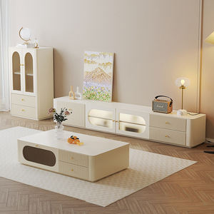 <span class=keywords><strong>Meuble</strong></span> TV et table basse style crème, combinaison minimaliste pour salon, unité compacte, <span class=keywords><strong>meuble</strong></span> TV sur pieds hauts au sol - Product Image 2