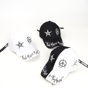 Fashion <b>Baseball</b> <b>Cap</b> With Metal Rings And Stars Print Unisex Streetwear Hat <b>Black</b> White Canvas Polyester Cotton - Product Image 2