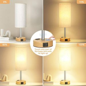 Cross-Border Night <b>Light</b> Wood Grain Three-Level <b>Touch</b> Dimming Fabric Shade <b>Bedside</b> Lamp US Standard Decorative Table Lamp - Product Image 2