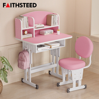 Ensemble bureau et chaise d'étude rose pour enfants avec étagères, boîte de rangement, bureau à hauteur réglable et chaise rembourrée pour enfants
