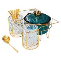 Chauffe-Plats de Luxe pour Buffet, Ensemble de Réchauds en Céramique Bleue en Forme de Citrouille avec Support Doré, Porte-Gobelets en Verre Cristal et Cuillères