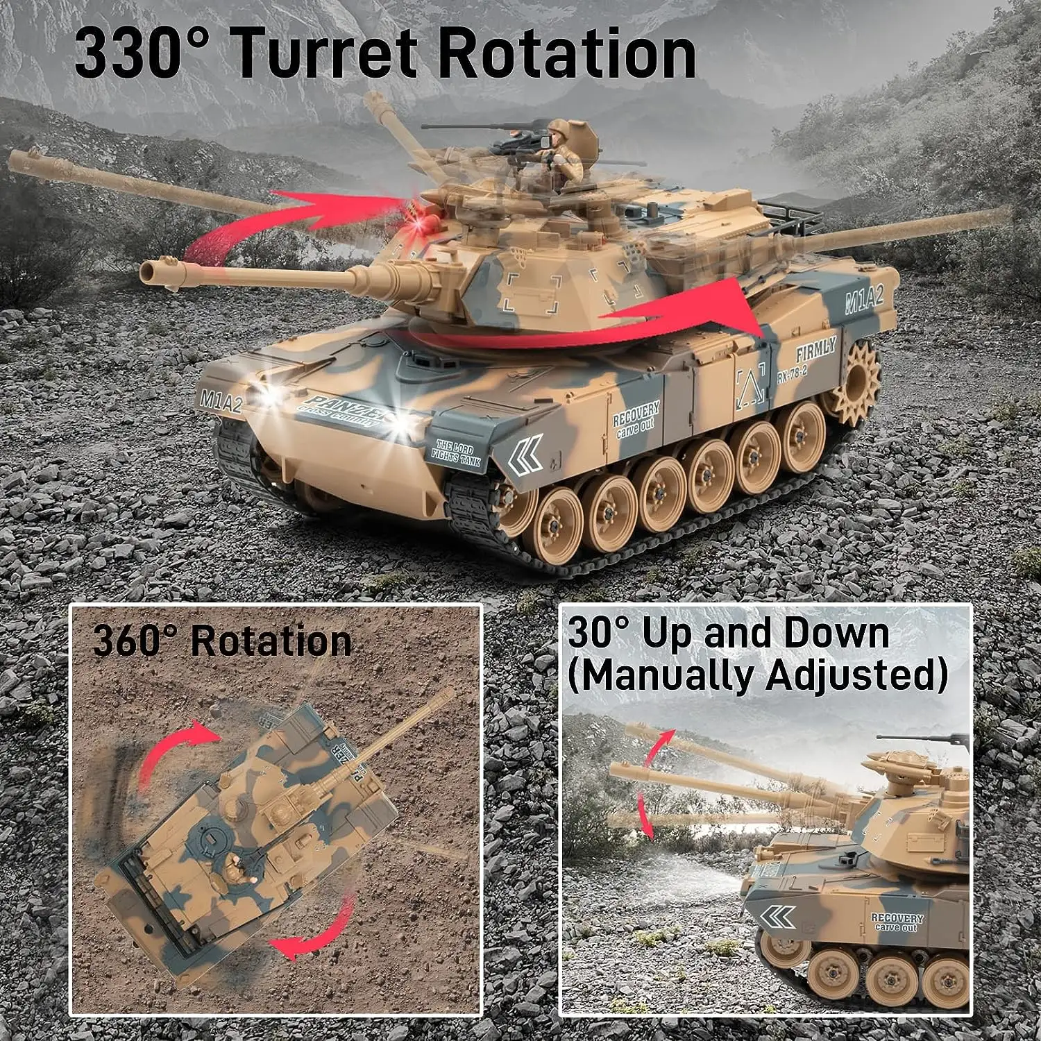 1/18 Venta caliente Abrams modelo Rc tanque con humo + sonido + disparo todo terreno Control remoto Crawler RC tanque coche M1A2 Tik Tok