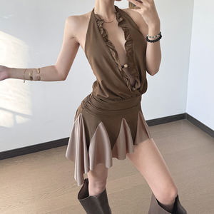 เดรสวินเทจประดับลูกปัดแบบผูกคอสำหรับผู้หญิง สีตัดกันแบบแพทช์เวิร์ค เปิดหลัง จับจีบระบาย ทรงเข้ารูป - Product Image 3