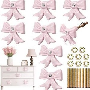 Modern Pink <b>Bow</b> Cabinet Handle Zinc Alloy Rhinestone Decorative Drawer <b>Pull</b> Easy Installation Novelty Shape Hardware Accessory - Product Image 1