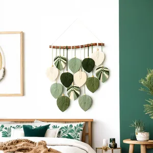 Regalos corporativos: Tapiz de macramé con hoja de Monstera estilo boho, tapiz grande de hoja de selva, arte verde natural para decoración de sala de estar, dormitorio y estudio. - Product Image 1