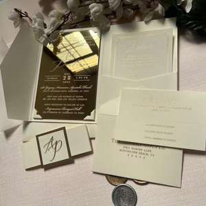 Cartes d'invitation de luxe à pochette triple en papier miroir métallisé pour la fête des Mères et les mariages, avec cartes RSVP et d'informations complémentaires - Product Image 6