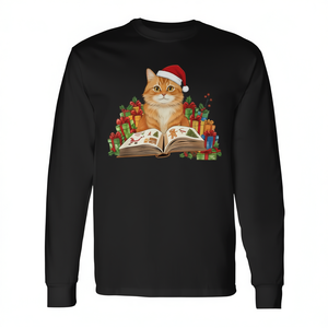Camiseta de manga larga con diseño de gato naranja, libro de lectura navideño, gorro de Papá Noel, para amantes de los gatos, Navidad - Product Image 3