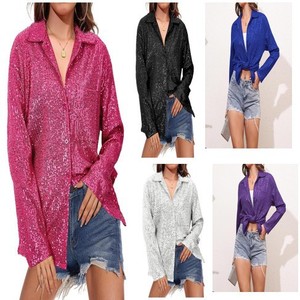 <b>Sequined</b> Long Sleeve Collared Shirt Women's Casual Blouse Solid Color Polyester Fashion <b>Top</b> Everyday Wear - Product Image 5