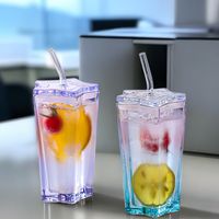 Mug en verre borosilicate de 300 ml, double paroi, en forme d'étoile à cinq branches, coloré, pour jus, lait, café, avec couvercle et paille