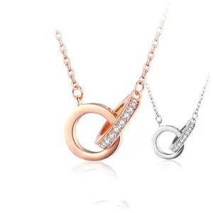 925 silver double ring pendant rose gold zircon necklace