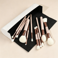 Ensemble de 11 pinceaux de maquillage roses à double extrémité avec virole dorée café pour le maquillage quotidien et professionnel