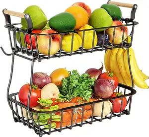 New 2 Tier Fruit Basket Bowl with 2 Banana Hangers for Kitchen Counter Countertop Fruits Produce Storage Basket Metal Vegetable
