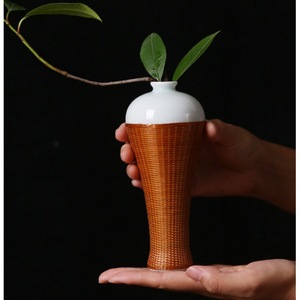 Chinese Handmade Bamboo Weaving Porcelain Vase Round Zen Style Tea Room Decorative Flower Vase For Tea Table Ornament - Product Image 5