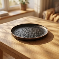 Assiette de table ronde noire en mélamine de 9 pouces, motif uni Japandi, non toxique, écologique, pour restaurant, compatible lave-vaisselle