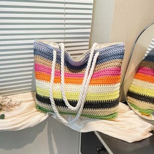 Nuevo Bolso de Hombro de Paja con Bloques de Color y Rayas Arcoíris para Mujer, Bolso de Playa de Gran Capacidad para Vacaciones en la Costa - Product Image 2