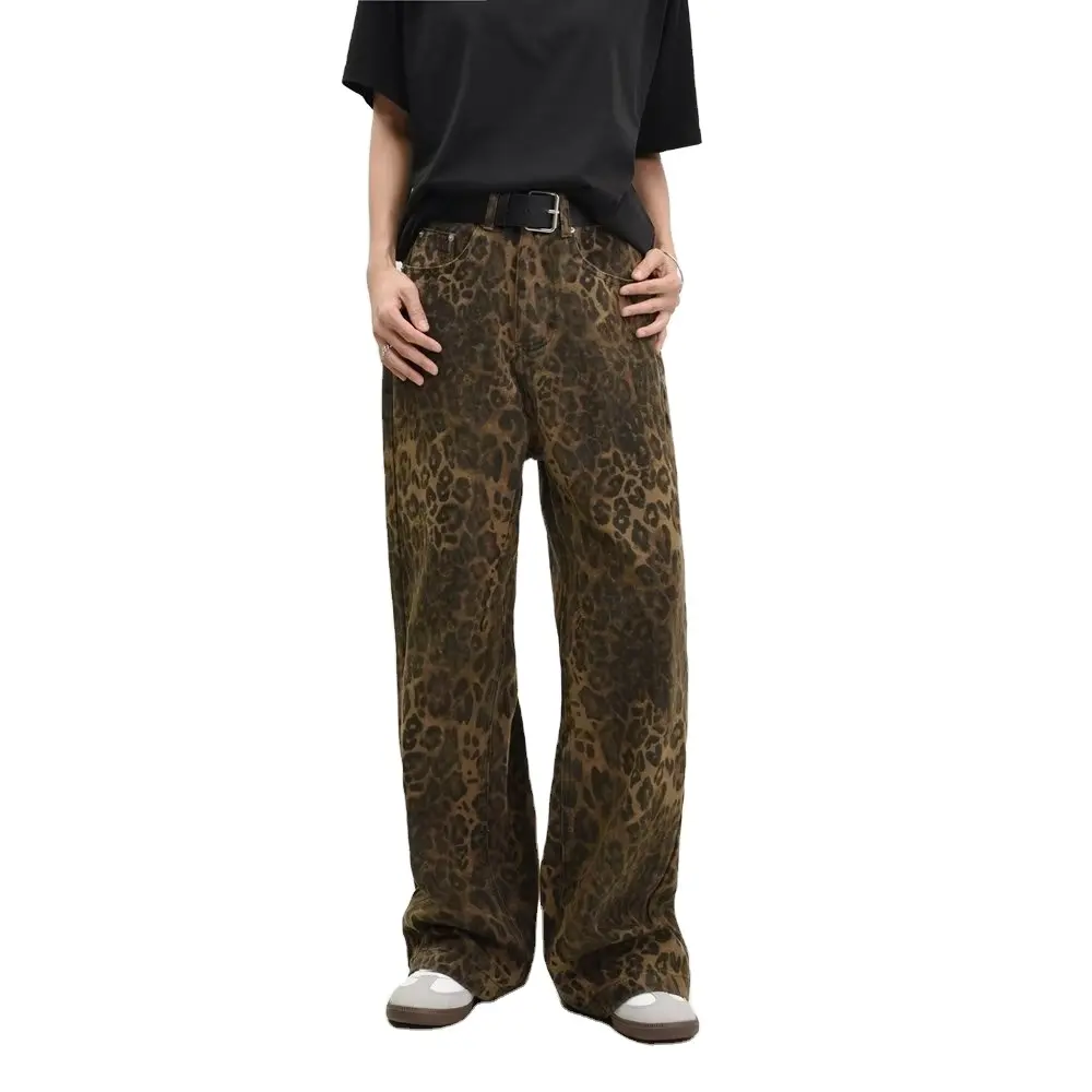 Женские широкие брюки оверсайз, уличная одежда в стиле хип-хоп, винтажная одежда, Свободные повседневные джинсы с леопардовым принтом для женщин, джинсовые брюки