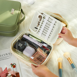 Sac à cosmétiques imperméable de grande capacité avec compartiment pour pinceaux, pour le voyage et le rangement à domicile, matériau PU de couleur unie - Product Image 1