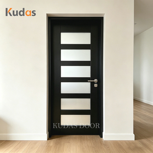 Porte intérieure contemporaine noire à simple battant avec 6 panneaux de verre <span class=keywords><strong>d</strong></span>époli horizontaux, porte de chambre en bois pour appartement - Product Image 1