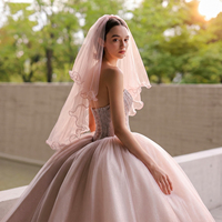 Voile de mariée rose nude doux, appliqué, à deux couches, avec ourlet à volants en ligne de pêche, pour mariage, enregistrement de mariage et voyage