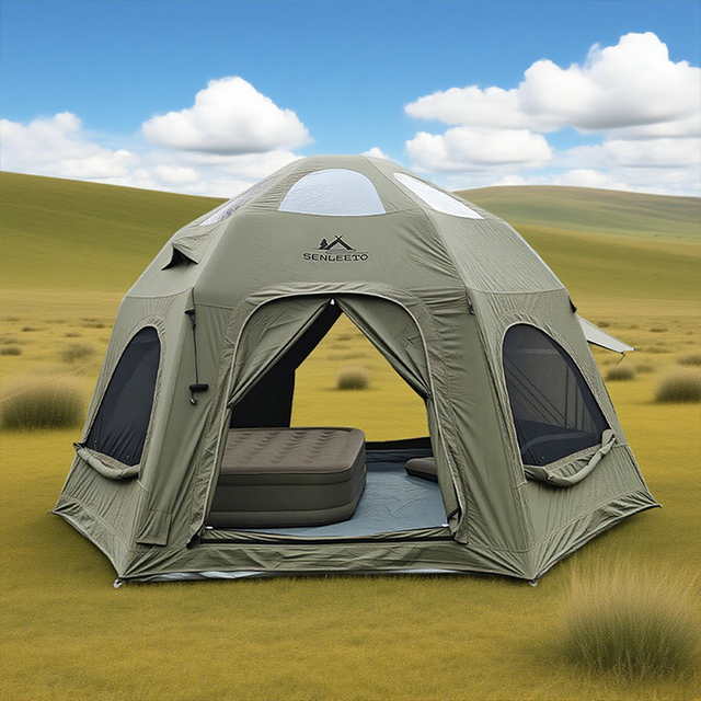 Luxury Portable Four-season Glamping Dome Tent Inflatable Oxford Canvas Waterproof Shelter with Chimney Port AC Outlet 15.9sqm