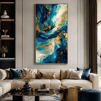 Grande Peinture Abstraite Fluide Verticale Faite à la Main avec Feuille d'Or Bleue, Art Mural Effet Marbre, Toile Haute pour Salon Moderne et Luxueux à Suspendre