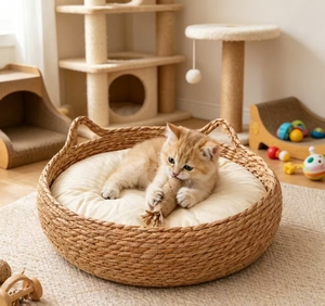 Collier rond tissé <span class=keywords><strong>avec</strong></span> poignée en rotin pour chats et chiens, amovible et lavable, toutes saisons, emballé en carton - Product Image 4