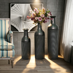 Ensemble de 3 vases décoratifs en métal, motif feuilles noir et gris, vases sur pied, vases hauts noirs et gris pour la décoration de la maison - Product Image 3