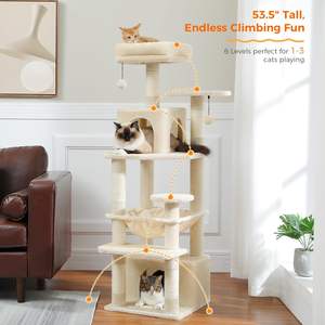 53.5 pouces de haut tour d'arbre à chat grands chats d'intérieur-beige hamacs spacieux griffoirs double perchoirs rembourrés maison de chat en bois - Product Image 2