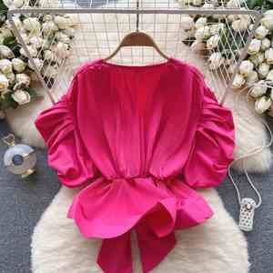 Blusas Casuales de Manga Corta para Otoño, Blusas con Mangas Abullonadas y Drapeadas para Mujer, Tops de Fiesta para Mujer, Ropa al por Mayor - Product Image 4